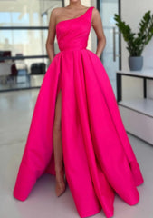 Bridesmaid Dresses Mismatched Spring Wedding Colors, A-line Sleeveless One-Shoulder Long/Floor-Length Satin Prom Dress With Split Ruffles Pockets