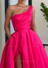 Bridesmaid Dress Long Sleeves, A-line Sleeveless One-Shoulder Long/Floor-Length Satin Prom Dress With Split Ruffles Pockets