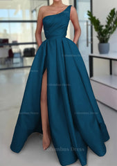 Bridesmaids Dresses Winter Wedding, A-line Sleeveless One-Shoulder Long/Floor-Length Satin Prom Dress With Split Ruffles Pockets