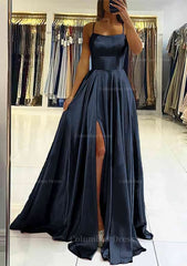 Evening Dress Princess, A-line Square Neckline Sleeveless Satin Sweep Train Prom Dress With Pleated