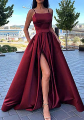 Evening Dresses Mermaid, A-line Square Neckline Spaghetti Straps Long/Floor-Length Satin Prom Dress With Split Pockets