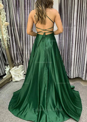 Formal Dresses Website, A-line Square Neckline Spaghetti Straps Sweep Train Charmeuse Prom Dress