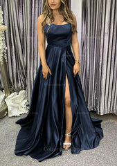 Formal Dresses Websites, A-line Square Neckline Spaghetti Straps Sweep Train Charmeuse Prom Dress