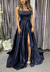 Formal Dress Store Near Me, A-line Square Neckline Spaghetti Straps Sweep Train Charmeuse Prom Dress