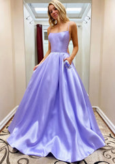 Prom Dresses Orange, A-line Square Neckline Spaghetti Straps Sweep Train Satin Prom Dress With Beading Pockets