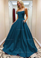 Prom Dress Ideas Black Girl, A-line Square Neckline Spaghetti Straps Sweep Train Satin Prom Dress With Beading Pockets