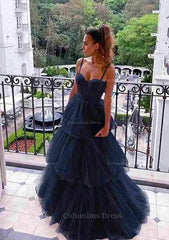 Simple Wedding Dress, A-line Sweetheart Sleeveless Long/Floor-Length Tulle Prom Dress With Ruffles