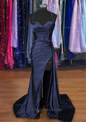 Nice Dress, A-line Sweetheart Spaghetti Straps Sweep Train Silk like Satin Ruched Prom Dress