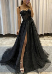 Prom Dresses Fitted, A-line Sweetheart Spaghetti Straps Sweep Train Tulle Glitter Prom Dress With Appliqued