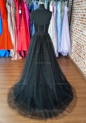 Prom Dress A Line Prom Dress, A-line Sweetheart Spaghetti Straps Sweep Train Tulle Glitter Prom Dress With Appliqued