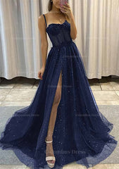 Prom Dresses Simple, A-line Sweetheart Spaghetti Straps Sweep Train Tulle Glitter Prom Dress With Appliqued