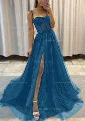 Prom Dress Simple, A-line Sweetheart Spaghetti Straps Sweep Train Tulle Glitter Prom Dress With Appliqued