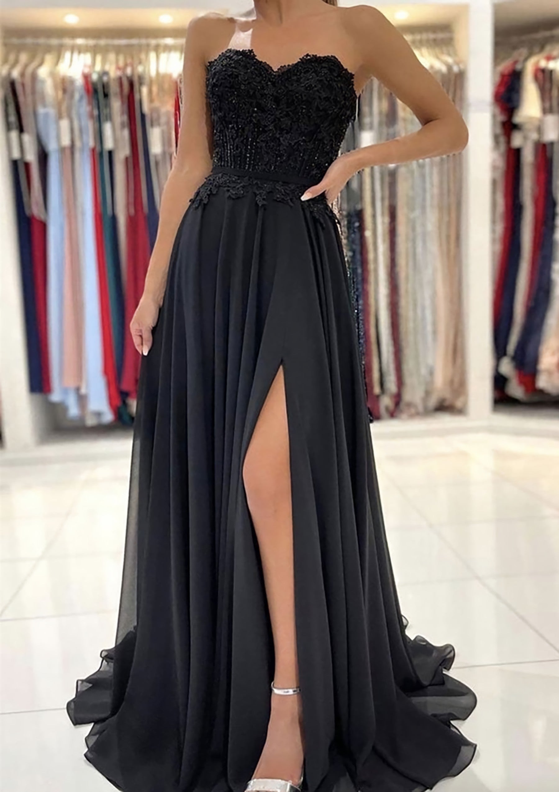 Club Dress, A-line Sweetheart Sweep Train Chiffon Prom Dress With Lace Beading Split