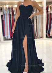 Cute Summer Dress, A-line Sweetheart Sweep Train Chiffon Prom Dress With Lace Beading Split