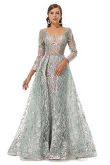 Formal Dresses With Sleeves, A-line V-neck Floor-length Long Sleeve Open Back Appliques Lace Prom Dresses