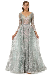 Formal Dress Summer, A-line V-neck Floor-length Long Sleeve Open Back Appliques Lace Prom Dresses