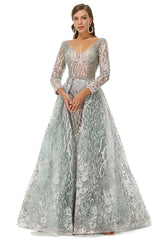 Formal Dresses Summer, A-line V-neck Floor-length Long Sleeve Open Back Appliques Lace Prom Dresses