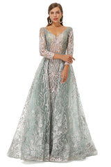 Formal Dresses For Woman, A-line V-neck Floor-length Long Sleeve Open Back Appliques Lace Prom Dresses