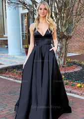 Party Dresses Classy Christmas, A-line V Neck Sleeveless Charmeuse Long/Floor-Length Prom Dress With Pockets