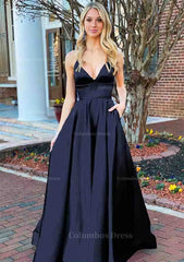 Party Dress Classy Christmas, A-line V Neck Sleeveless Charmeuse Long/Floor-Length Prom Dress With Pockets