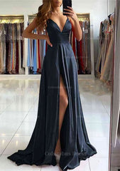 Bridesmaid Dress 2081, A-line V Neck Sleeveless Charmeuse Sweep Train Prom Dress With Split