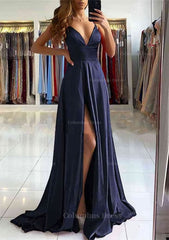 Bridesmaid Dress 2082, A-line V Neck Sleeveless Charmeuse Sweep Train Prom Dress With Split