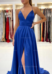 Prom Dresses Long Open Back, A-line V Neck Sleeveless Charmeuse Sweep Train Prom Dress With Split