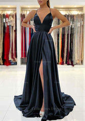 Prom Dress Long Open Back, A-line V Neck Sleeveless Charmeuse Sweep Train Prom Dress With Split