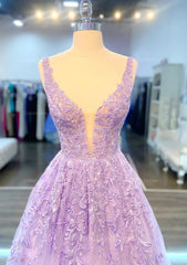 Formal Dress Long Elegant, A-line V Neck Sleeveless Long/Floor-Length Lace Prom Dress With Beading