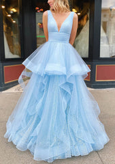 Bridesmaid Dress 2025, A-line V Neck Sleeveless Long/Floor-Length Tulle Glitter Prom Dress With Pleated