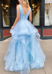 Bridesmaid Dress 2026, A-line V Neck Sleeveless Long/Floor-Length Tulle Glitter Prom Dress With Pleated