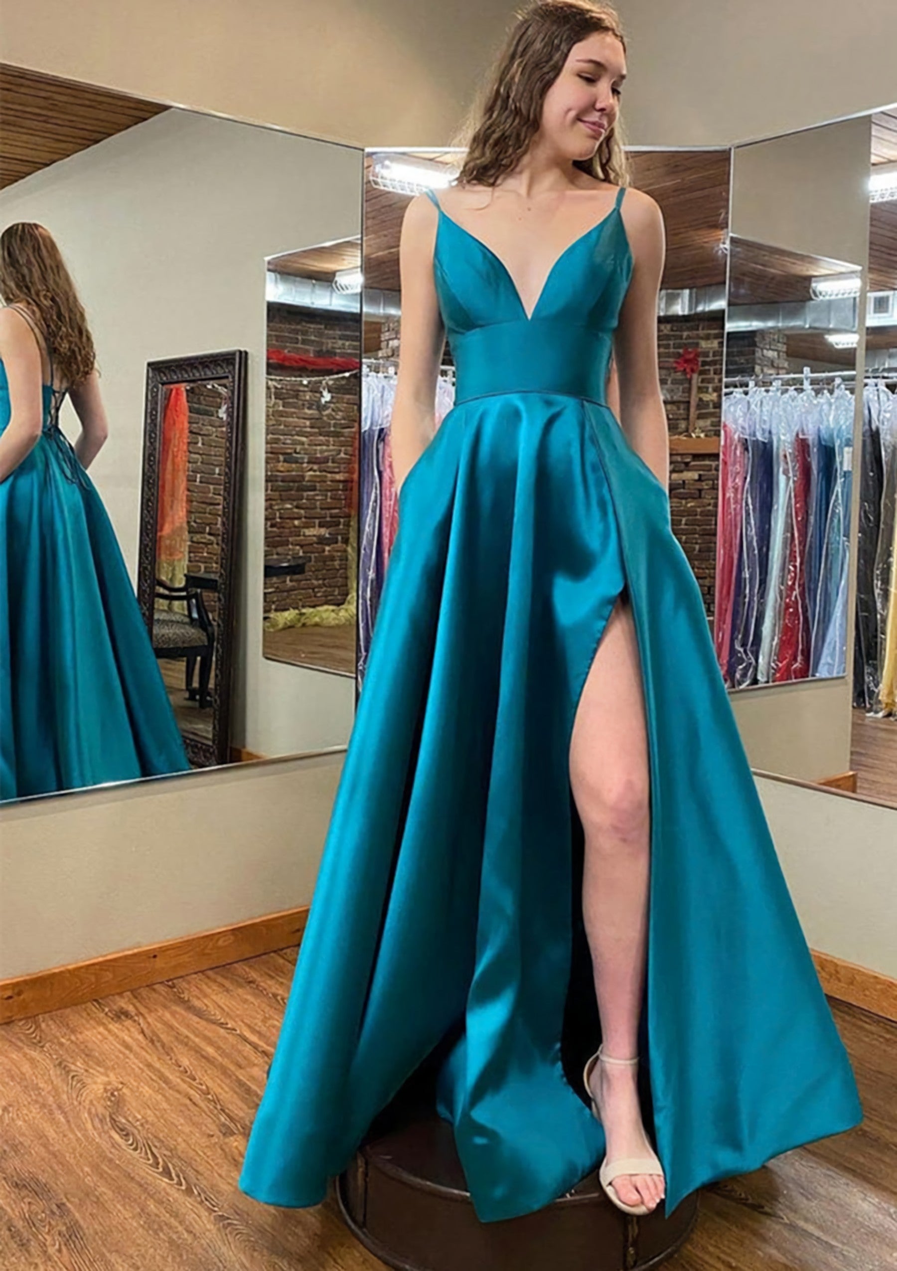 Bridesmaid Dresses Style, A-line V Neck Sleeveless Satin Long/Floor-Length Prom Dress With Pockets Split