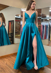 Bridesmaid Dresses Style, A-line V Neck Sleeveless Satin Long/Floor-Length Prom Dress With Pockets Split