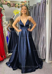 Ballgown, A-line V Neck Sleeveless Satin Sweep Train Prom Dress With Beading