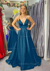 Long Dress Design, A-line V Neck Sleeveless Satin Sweep Train Prom Dress With Beading