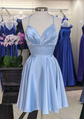 Prom Dress Backless, A-line V Neck Sleeveless Short/Mini Charmeuse Homecoming Dress with Pleated