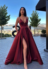 Prom Dresses Dresses, A-line V Neck Sleeveless Sweep Train Satin Prom Dress