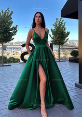 Prom Dress Dresses, A-line V Neck Sleeveless Sweep Train Satin Prom Dress