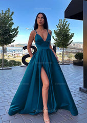 Prom Dresses Dress, A-line V Neck Sleeveless Sweep Train Satin Prom Dress