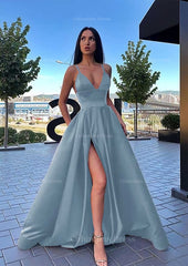 Prom Dresses Corset, A-line V Neck Sleeveless Sweep Train Satin Prom Dress