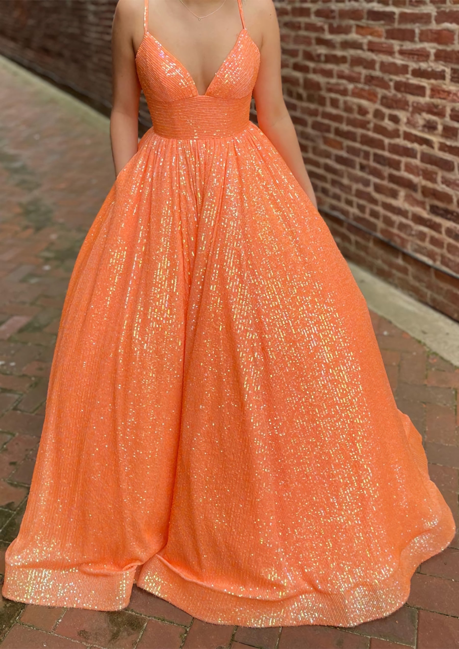 Bridesmaid Dresses Orange, A-line V Neck Sleeveless Sweep Train Sequined Prom Dress with Pockets