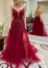 Party Dresses Jumpsuits, A-line V Neck Spaghetti Straps Chapel Train Tulle Prom Dress With Split Appliqued