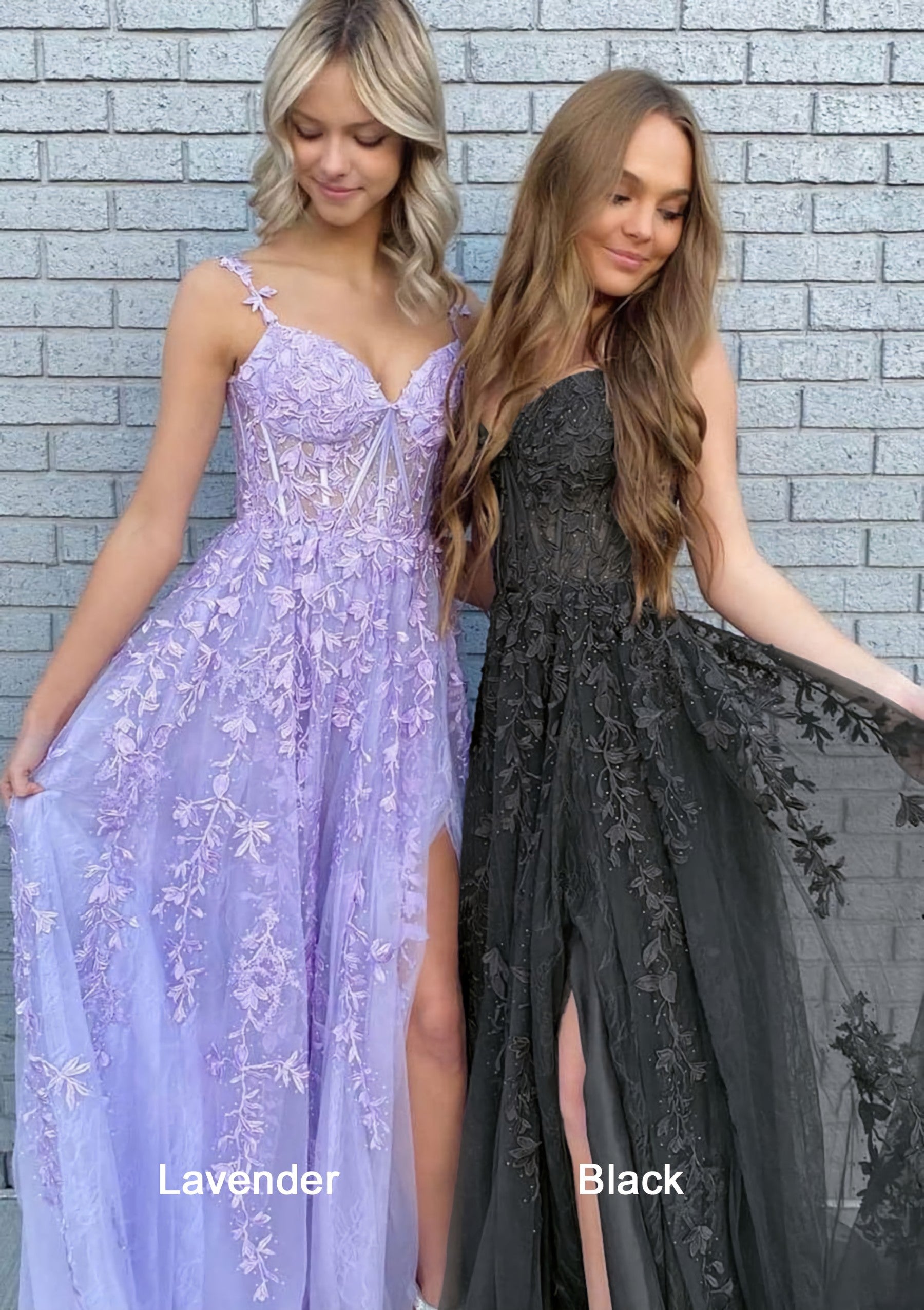 Homecoming Dress Shops, A-line V Neck Spaghetti Straps Long/Floor-Length Lace Prom Dress With Split