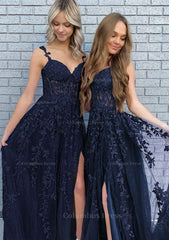 Homecoming Dresses Fashion Outfits, A-line V Neck Spaghetti Straps Long/Floor-Length Lace Prom Dress With Split