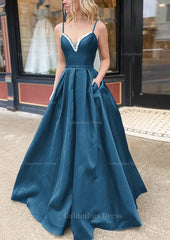 Evening Dresses Green, A-line V Neck Spaghetti Straps Long/Floor-Length Satin Prom Dress With Beading Pockets