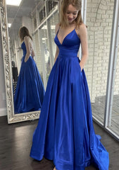 Debutant Dress, A-line V Neck Spaghetti Straps Sweep Train Charmeuse Prom Dress With Pockets