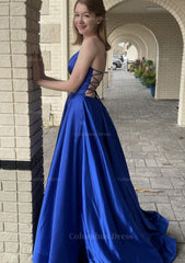 Royal Dress, A-line V Neck Spaghetti Straps Sweep Train Charmeuse Prom Dress With Pockets