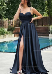 Plu Size Wedding Dress, A-line V Neck Spaghetti Straps Sweep Train Satin Prom Dress With Appliqued Beading Pleated Split