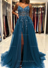 Bridesmaid Dresses Tulle, A-line V Neck Spaghetti Straps Sweep Train Tulle Prom Dress With Beading Sequins Split