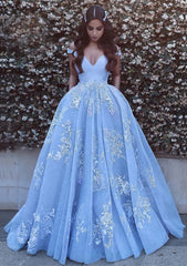 Prom Dress For Girl, Ball Gown Off-the-Shoulder Sleeveless Court Train Tulle Prom Dress With Pleated Appliqued